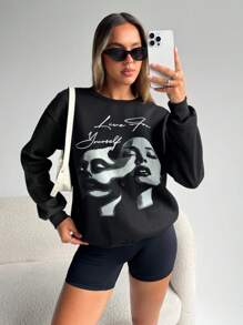 SHEIN Essnce Women's Casual Letter & Figure Print Round Neck Drop Shoulder Long Sleeve Sweatshirt In Fall/Winter - Black - View 3