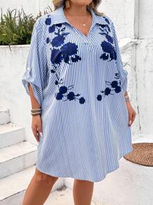 SHEIN CURVE+ Floral Print Blue & White Striped Simple Casual Comfortable Plus Size Shirt Dress Boho Vacation