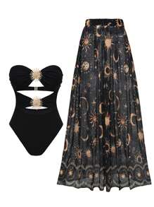 Swim Oasis 春假纯色女士无肩带向日葵装饰连体泳衣和随机印花薄纱沙滩裙，度假和节日波西米亚风格