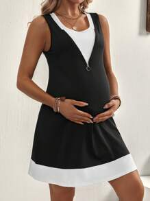 SHEIN Sleeveless Colorblock Zip-Up Maternity Bodycon Dress - Black - View 1