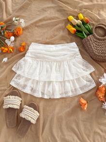 Soleia Vacation Lace Double Ruffle Hem Mini Skirt - White - View 1