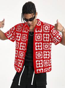 AXEPEAK Men's Spring Break Loose Knit Short Sleeve Top - Red - View 3