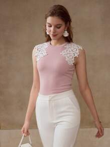 MOTF PREMIUM TOP DE TIRANTES DE ENCAJE GUIPUR CON CONTRASTE - Rosa - Ver 6