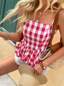 Breezaya Top feminino xadrez com cintura franzida e peplum, regata casual, para férias e uso diário - Multicolorido - Ver 3