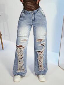 Slaydiva Damen Lässig Destroyed einfache modische Jeans, Alltagskleidung - Blau - Übersicht 6