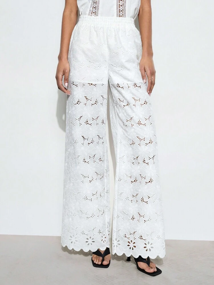 SHEIN Maija Women's White Summer Elastic Waist Solid Color Hollow Embroidery Fabric Sexy Fashion Simple Versatile Casual Bohemian Style Holiday Solid Color Wide-Leg Pants Beach Going Out
