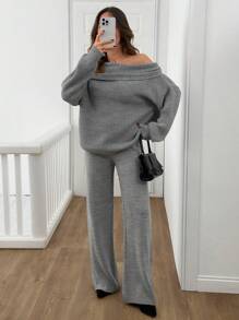 RueChic Women Off Shoulder Accessory Detailed Chunky Pullover & Sweater Pants Set - Grey - View 2