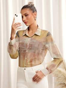 SHEIN Clasi 经典女士渐变染透明雪纺长袖优雅日常衬衫，春夏