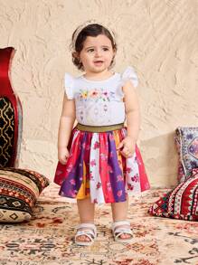 SHEIN Babygirl Cute Cartoon & Floral Print Knit Top And Mini Skirt 2pcs Set, Summer - Multicolor - View 3