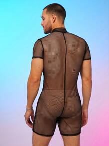 FeverCity Men's Mesh See-Through Romper Short Sleeve Rompers - Black - View 4