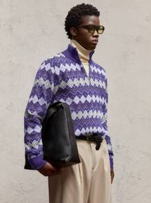 AKNOTIC Party 圣诞节男士撞色立领半拉链落肩休闲毛衣，适合圣诞节、新年、日常穿着、秋冬季，绿色菱形提花配金属拉链门襟 - 紫色 - 查看 2