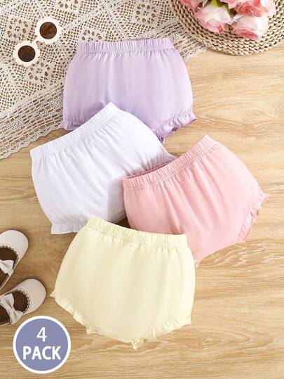 SHEIN Vintaside Kids 4pcs Baby Girls Knitted Ruffle Trim Triangle Shorts, Elastic Waist Pumpkin Shape Lantern Pants, Comfortable & Soft, Versatile Casual Daily Wear, Summer New Arrival