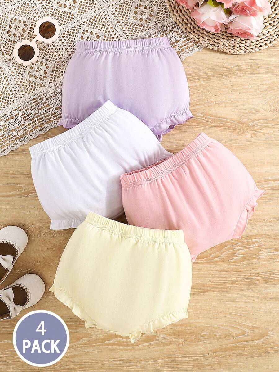 SHEIN Vintaside Kids 4 件装女婴针织荷叶边三角短裤,松紧腰南瓜形灯笼裤,舒适柔软,百搭休闲日常穿着,夏季新品 - 彩色 - 查看 1