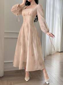 DAZY Robe mi-longue en mousseline de soie à imprimé floral, convenant pour un premier rendez-vous au printemps/automne. Robe élégante à manches longues, robe de Pâques - Nude - Voir 5