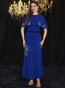 Modelyn 女士优雅小圆领针织短袖斗篷毛衣和裙子 2 件套，时尚修身造型 - 藍色 - 查看 5