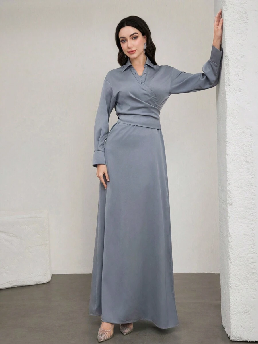 Graceveil 2 件缎面吊带背心和衬衫套装 - 霧霾藍 - 查看 1