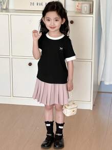 Dazy Kids Young Girl Casual Simple Fashion Round Neck Short Sleeve T-Shirt, Daily Wear,Girls Summer Outfits - Black - View 3