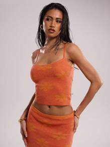 SHEIN BAE Women Floral Jacquard Knitted Camisole Top Valentines Clothes Tops Vacation Outfits Woman Summer Outfits For Women Sweaters For Women Sweaters Beach Outfits For Woman Summer Tops Crop Tops  Women Off The Shoulder Top Summer Tops , Going Out Tops - Orange - View 2