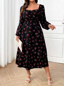 SHEIN Clasi Plus Size Women Elegant Romantic Cherry Print Open Back Split Dress - Black - View 3