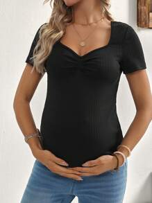 SHEIN Maternity Sweetheart Neck Ruched Chest Short T-Shirt - Black - View 5