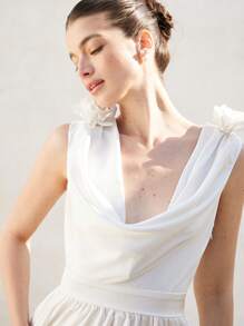 Aveloria Rosie Women's Solid Color Sleeveless Wrap Front Satin Texture Decorated Romper Elegant FashionableOld Money Style For Summer - White - View 4