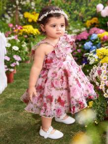 SHEIN 女婴可爱优雅花卉欧根纱连衣裙，夏季 - 粉色 - 查看 4