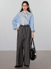 DAZY Women's Removable Tie Up Wide Leg Casual Straight Pants With Pleated Design Business Attire - Dark Grey - View 2