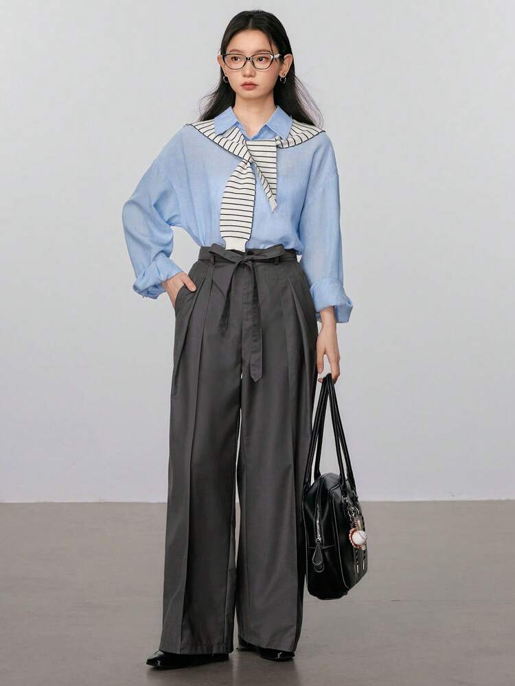 Women's Removable Tie Up Wide Leg Casual Straight Pants With Pleated Design Business Attire