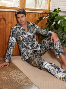 Manfinity ChillVibe Men's Floral All-Over Print Long Sleeve Shirt And Pants Pajama Set - Multicolor - View 1