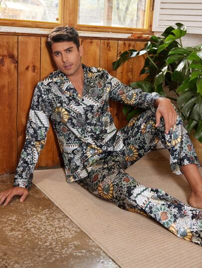 Manfinity ChillVibe Men's Floral All-Over Print Long Sleeve Shirt And Pants Pajama Set
