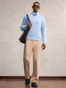 AKNOTIC Business Casual Men's Oversized High Neck Loose Drop Shoulder Long Sleeve Sweater, Suitable For Autumn/Winter - Baby Blue - View 3