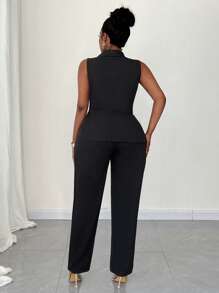 Maweii Conjunto de 2 piezas de talla grande - Chaleco sin mangas de unicolor con cremallera y pantalones, uso diario casual y elegante