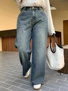 Dazy Petite Plus Retro Washed White Slim Straight Leg Long Jeans, Suitable For All Seasons - Blue - View 3