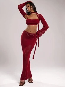 SHEIN BAE Women Burgundy Red Hollow Out Long Sleeve Cropped Vest And Halter Neck Knit Top 2 Pieces Set,Autumn Chic Club Night Vacation Beach Outfits - Red - View 4
