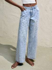 Maija Pantalones vaqueros de mujer de tiro bajo y pierna recta con lentejuelas brillantes para primavera y verano
