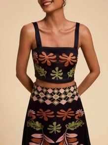 Travachic Vacation Knit Printed Bodycon Cropped Tank Top & Skirt 2pcs Women Sets - Black - View 6