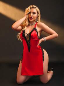 深 V 领、交叉胸围、高侧开衩、蕾丝拼布、缎面、撞色、露背性感女式睡衣 - 紅色 - 查看 3