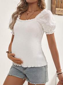 SHEIN Comfortable Eyelet Embroidered Puff Sleeve Sealed Maternity Top
