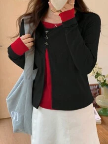 DAZY Women Contrast Color Long Sleeve Mock Neck Butterfly Print T-Shirt,Fall Clothes - Red - View 2