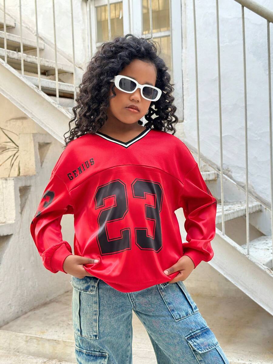 SHEIN Leap Crew Tween Girl Casual Chic Knit V-Neck Loose Fit Long Sleeve Sweatshirt - Red - View 1