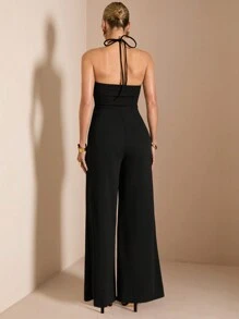 SHEIN BAE Women's Black Halter Jumpsuit With 3D Floral Decor, Elegant For Cocktail Party, Romantic Date, Elegant, Beach Outfits For Woman / Beach, Wedding Guest Dress Women / Bridal Shower Dress White, Graduation Dress / Graduation Outfit, Brunch Outfits For Women, Concert Outfit Women / Rave Outfits Festival / Country Concert Outfit / Ibiza Outfits / Nashville Outfits, Vacation, Vacation, Modest, Tropical Vacation Woman Clothes, Gyaru, Ummer / Summer Outfits / Summer Clothes, Spring Outfits For Women, Date Night Dress, Bridesmaid Elegant Little Black Dress, Spring/Summer - Black - View 2