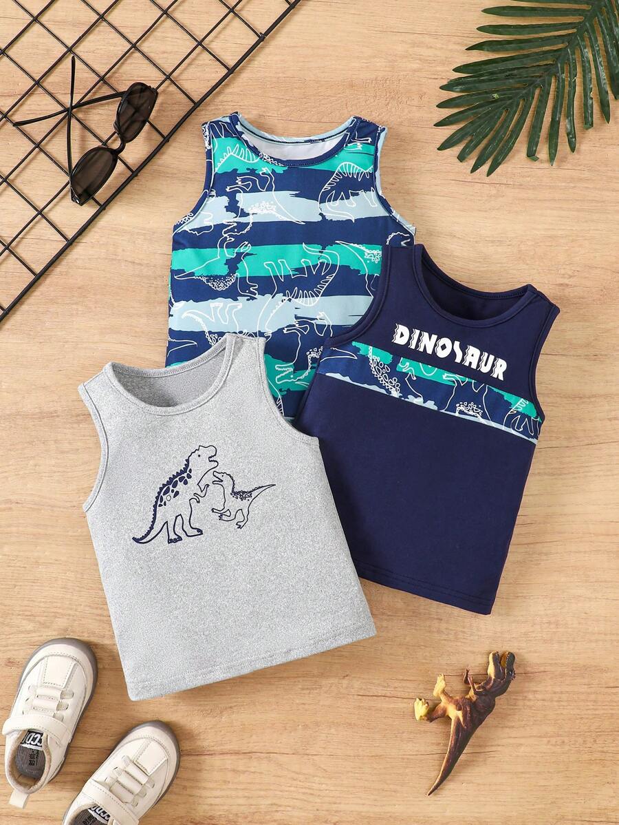 SHEIN 3pcs/Set Baby Boy Dinosaur Pattern Round Neck Casual Vest For Summer - Light Grey - View 1