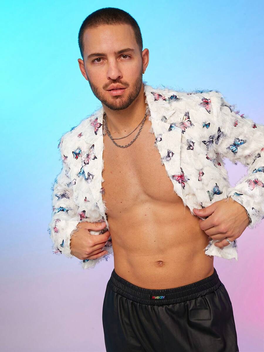 FeverCity Men's Floral Pattern Butterfly Decor Short Blazer Jacket, For Fall Winter - Multicolor - View 1