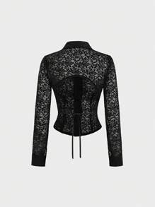SHEIN Unity Sexy Sheer Lace With Backless Design Blouse For Women - Black - View 2