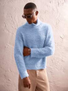 AKNOTIC Business Casual Men's Oversized High Neck Loose Drop Shoulder Long Sleeve Sweater, Suitable For Autumn/Winter - Baby Blue - View 5