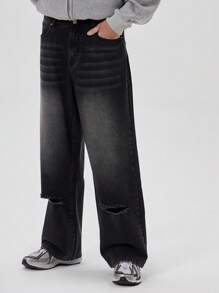 Musero Distressed Baggy Extreme Washed Denim Trouser Bottoms Detailing Below Knee Rip Slits Jeans SPRING SUMMER Essentials - Black - View 2