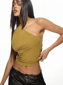 MISSGUIDED Asymmetric One Shoulder Cut Out Crop Top Club Party Ruched Side Detail Sleeveless Fashion Statement Evening Tank Christmas