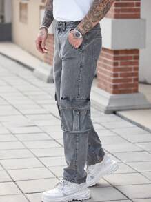 Manfinity Homme Men's Gray Loose Straight Leg Casual Cargo Jeans - Grey - View 4