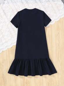 SHEIN Tween Girls Loose Round Neck Short Sleeve Button Decor A-Line Midi Dress