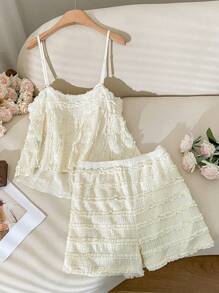 CosyJoli Plus Size 2 Pieces Set Solid Color Camisole And Shorts, Minimalist Fashion Casual Daily Wear,Slightly Sheer - Apricot - View 5